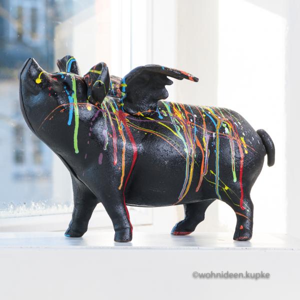 Eisen Sparschwein schwarz mit bunten Sprenkeln (33 cm)
